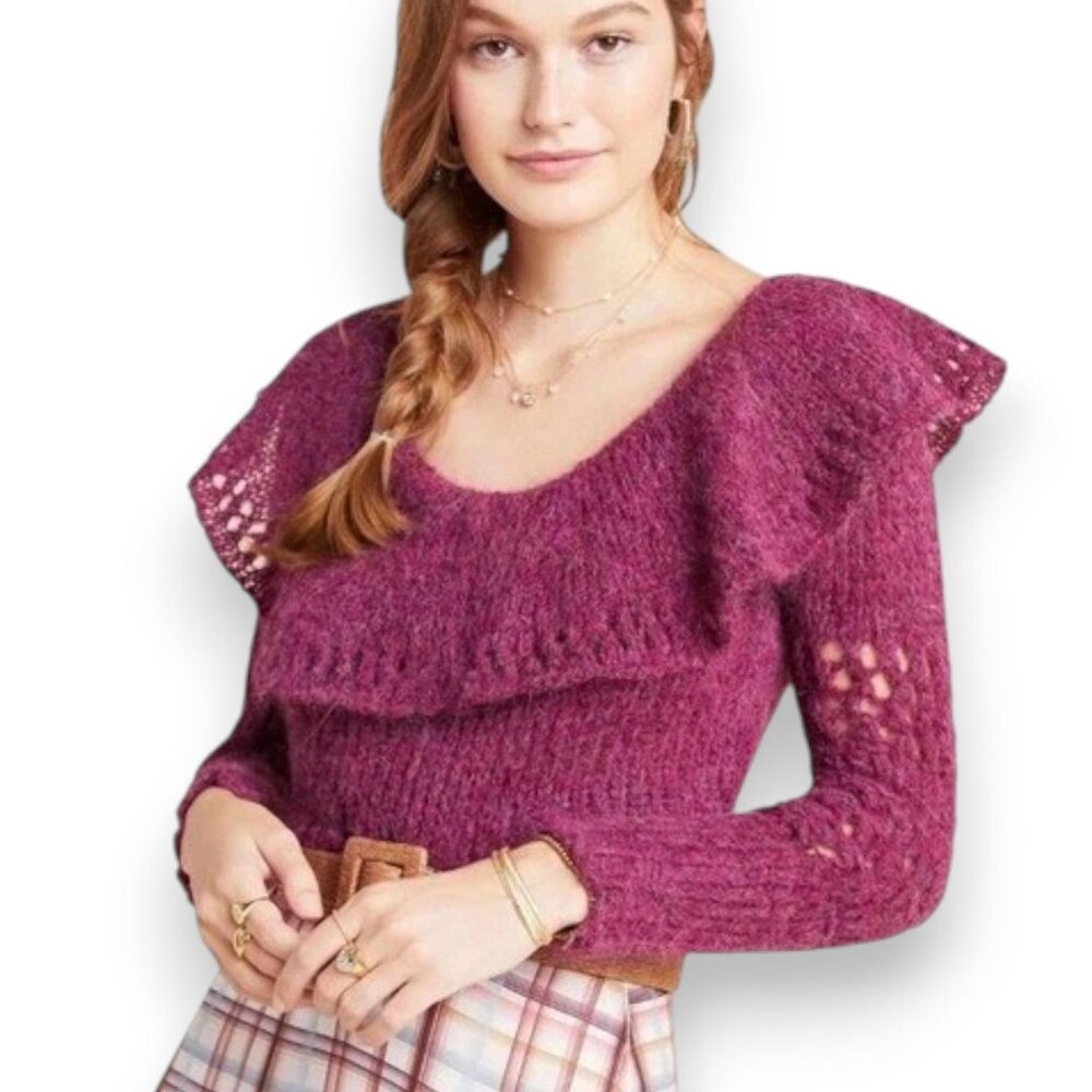 Anthropologie Gemma XS Alpaca Blend Burgundy Knit Sweater Ruffle Collar & Lace S
